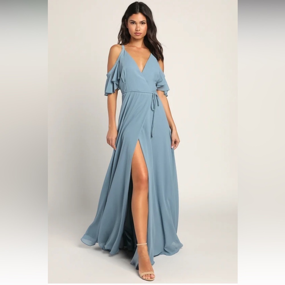NWT Lulus Easy Listening Slate Blue Cold-Shoulder Wrap Maxi Dress - Picture 1 of 12